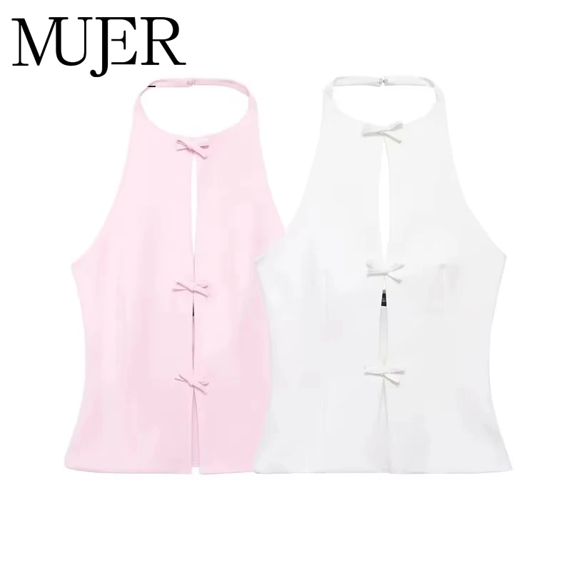 MUJER 2025 Top con scollo all'americana con spalle scoperte Top corto bianco rosa da donna con fiocco ritagliato senza maniche Top senza schienale Donna Top estivi sexy