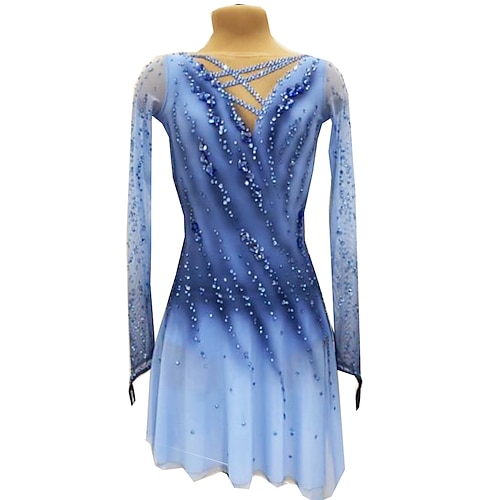Eiskunstlaufkleid Damen Eislaufen Rock Kleid Blau Daumenloch Offener Rücken Spandex Hohe Elastizität Professionell Wettbewerb Eiskunstlaufkleidung Thermowarm Klassisch Kristall / Strass Langarm Image