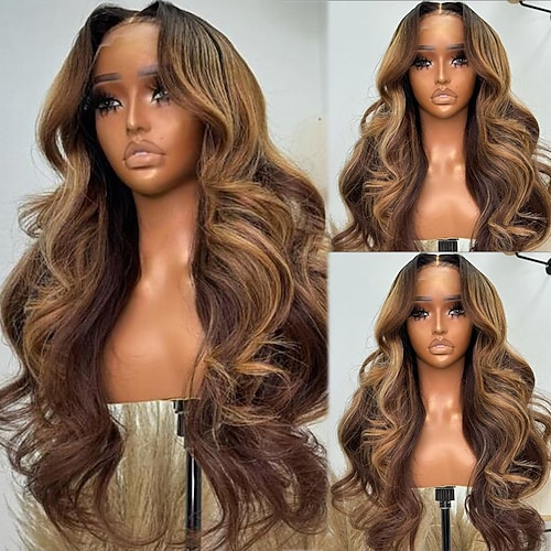 Unverarbeitetes reines Haar 13x4 Spitzenfront Perücke Mittelteil Brasilianisches Haar Wellen Mehrfarbig Perücke 130% 150% Haardichte mit Babyhaar Strähnchen / Balayage-Technik Leimlos Vorgerupft Für Image