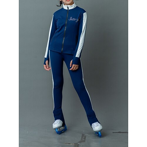 Eiskunstlauf Fleecejacke Eiskunstlaufhose Eiskunstlaufjacke mit Hose Damen Mädchen Eislaufen Jacke Strumpfhosen Outfits Blau weiß Patchwork Daumenloch Spandex Spitze Dehnbar Training Übung Image