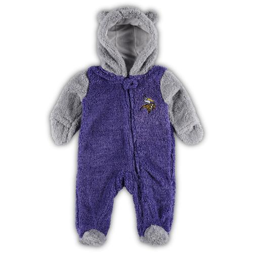 Lila/Grau Minnesota Vikings Game Nap Teddy-Fleece-Schlafanzug mit Wimpelkette und durchgehendem Reißverschluss für Neugeborene und Kleinkinder