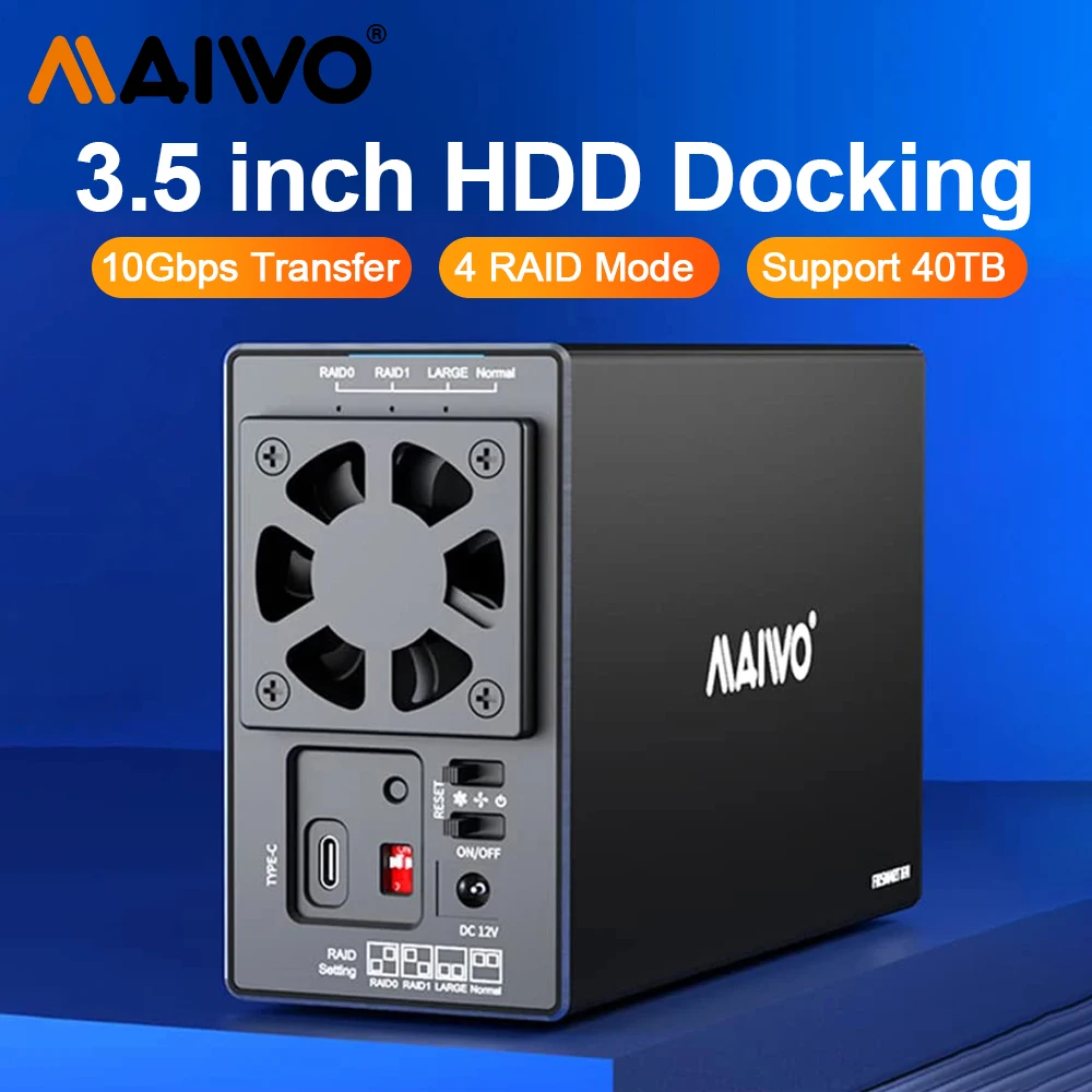 MAIWO 3,5 Zoll SATA RAID-Speichergehäuse Dual Bay Festplatten-Dockingstation zu USB3.1 Typ-C 10 Gbit/s unterstützt RAID 0/1 Modus Image