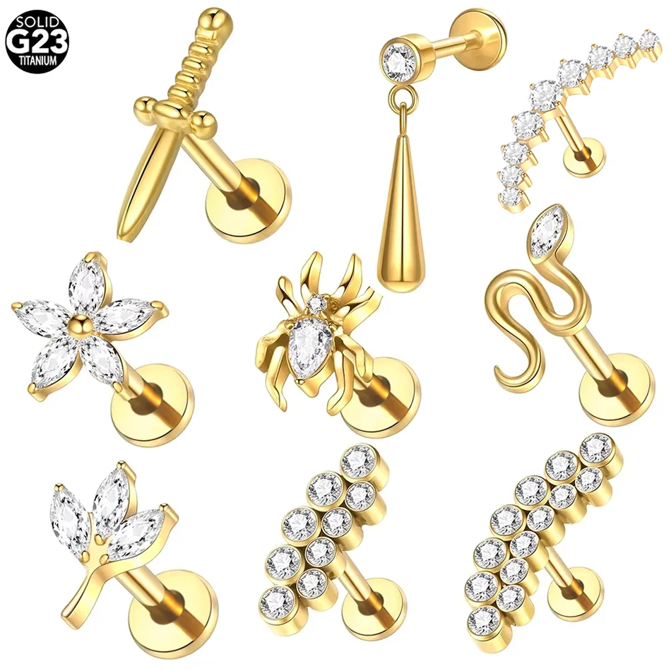 1 Stück Titan Stern Labret Piercings 16G Innengewinde Spinne Blume Messer Schlange Ohrstecker Helix Piercing Schmuck Image