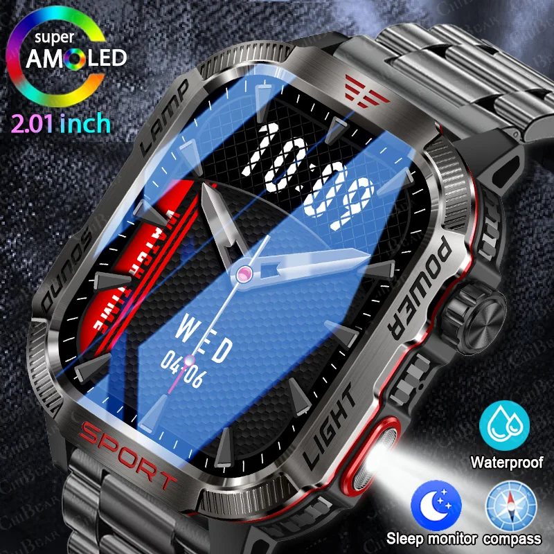 Chibear neue Sport Smartwatch 2,01 Zoll HD-Bildschirm mah Taschenlampe Kompass Herzfrequenz wasserdicht Bluetooth Anruf Smartwatch Männer Image