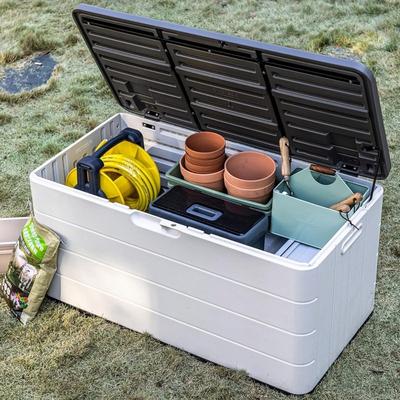 Large Resin Deck Box Lockable, Outdoor Garden Storage Box Waterproof, Elegant Storage Bench for Cushions, Garden Tools