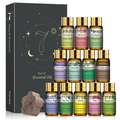 PHATOIL 12 pièces boîte-cadeau huiles essentielles pures pour humidificateurs diffuseur Massage Spa lavande citronnelle Rose citron géranium arbre à thé