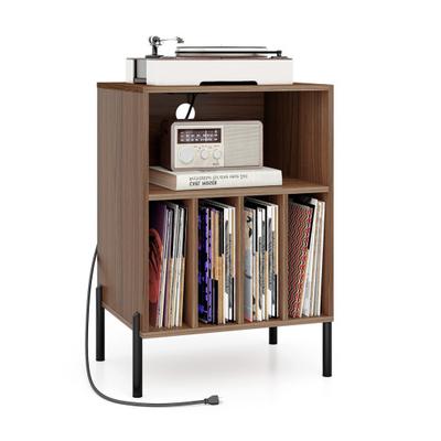 Costway Record Player Stand with Record Storage Shelf and Charging Station-Walnut
