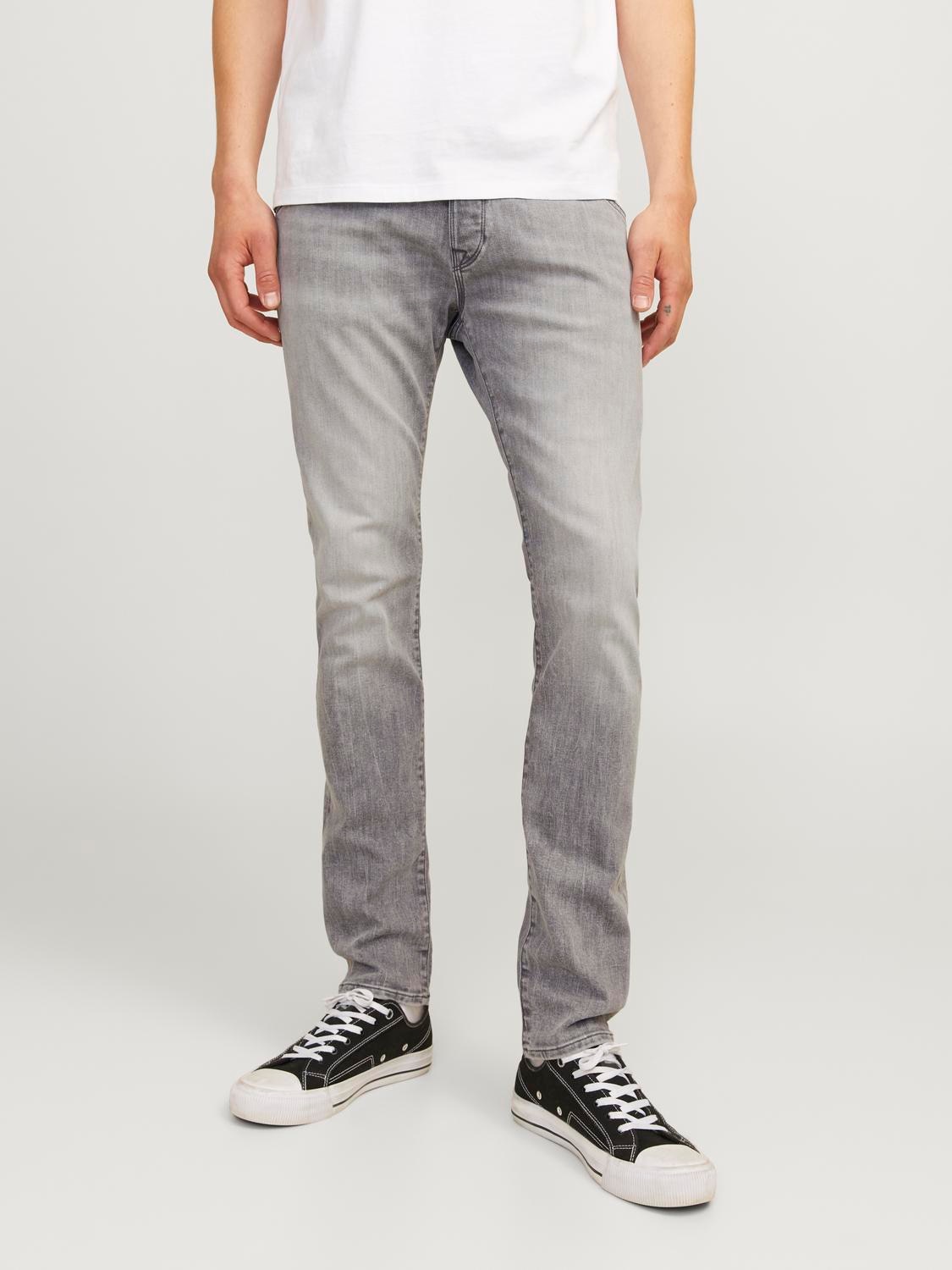 Slim-fit-Jeans JACK & JONES "JJIGLENN – Jeans mit Stretch, niedriger Leibhöhe und Taschen", Herren, Gr. 36, Länge 32, grau (grau denim), Denim/Jeans, Obermaterial: 70% Baumwolle, 28% Polyester, 2% Elasthan, Abriebeffekte, slim fit knöchellang, Jeans...