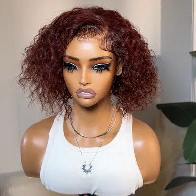 UNice Hair Reddish Brown Side Part Curly Bob Wig Pre Cut Pre Bleached 7x5 Lace Wig Pixie Cut Short