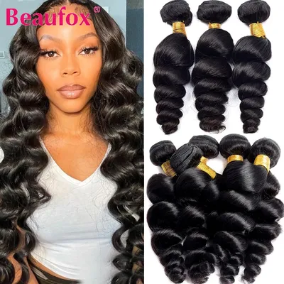 Beaufox Indian Human Hair Weave Bundles 3 Bundles Deal Loose Wave Bundles Natural /Jet Black Color