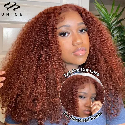 UNice Hair 7x5 Bye Bye Knots Wig Human Hair Reddish Brown Curly Lace Wig Wear Go Glueless Wig Pre