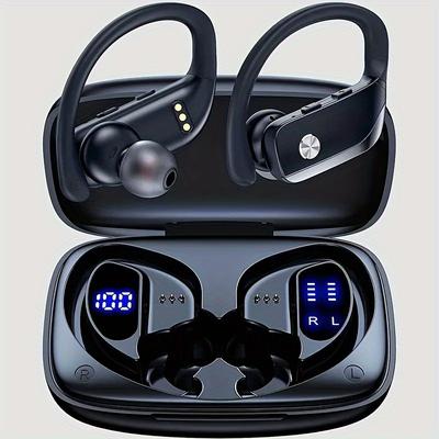 TEMU Wireless 5.3 Earbuds Sport Headphones 48hrs Sport Earphones With Dual Led Display Over-ear Buds With Earhooks Built-in Mic Headset For Workout Black