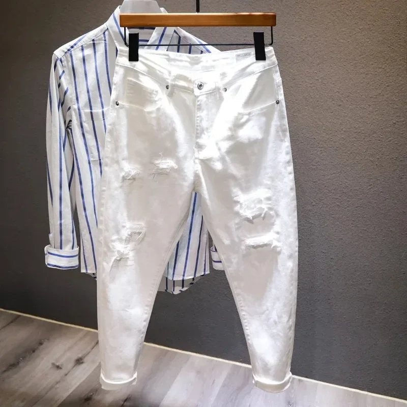 Nuovi jeans strappati da uomo bianchi moda Harem pantaloni maschili pantaloni in denim streetwear comodi elasticizzati tutto-fiammifero