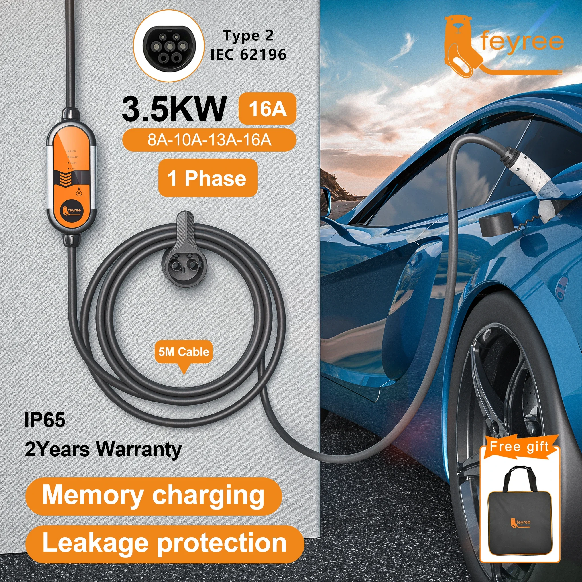 feyree Type2 16A 3.5KW Caricatore portatile EV Cavo di ricarica EVSE 5 m con corrente Schuko Plug regolabile per caricabatteria per auto elettrica