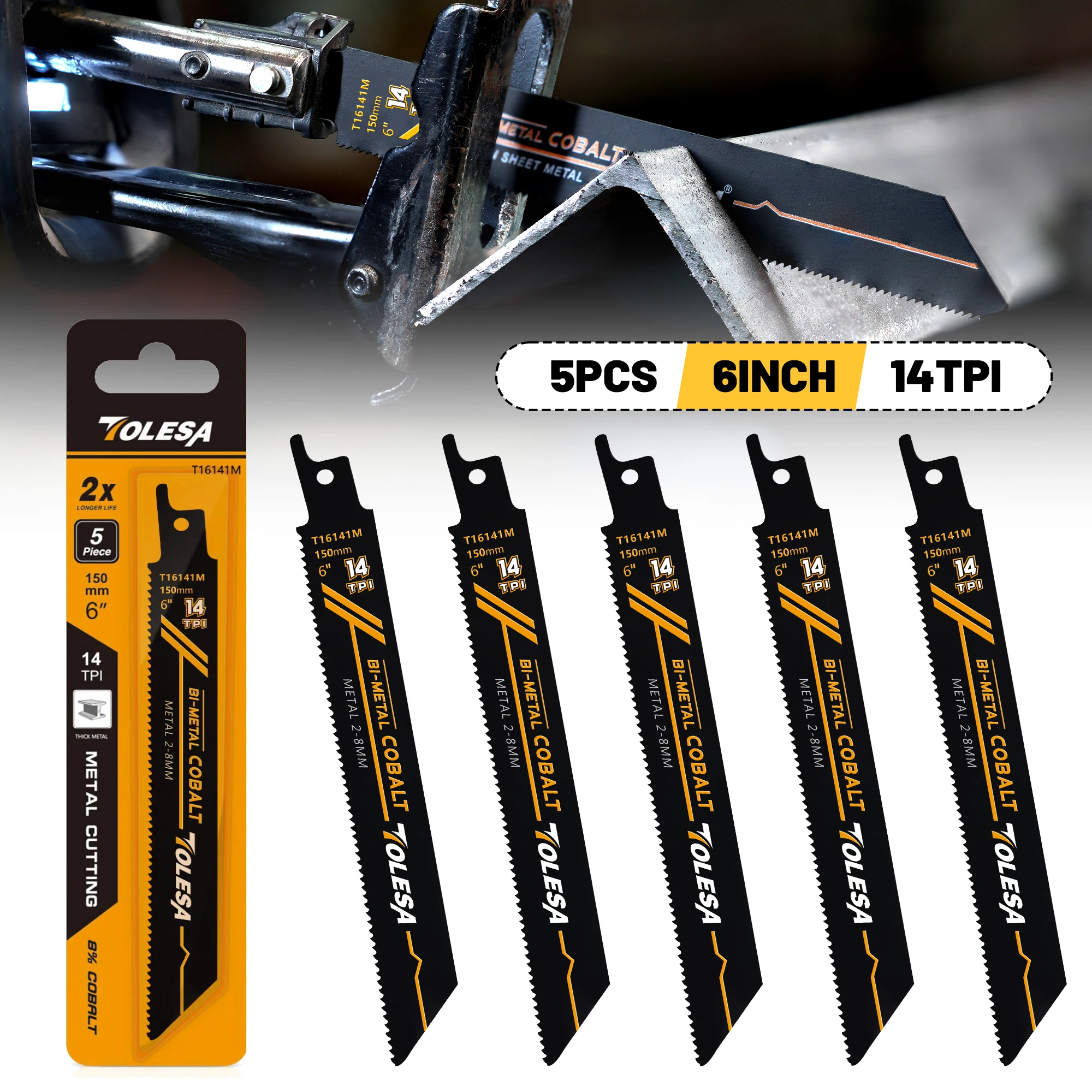TOLESA 5PCS Lame per sega alternativa per taglio di metalli pesanti 6 pollici/9 pollici 14TPI Lame per sega a sciabola bimetallica in ghisa per tubi metallici, tondo per cemento armato