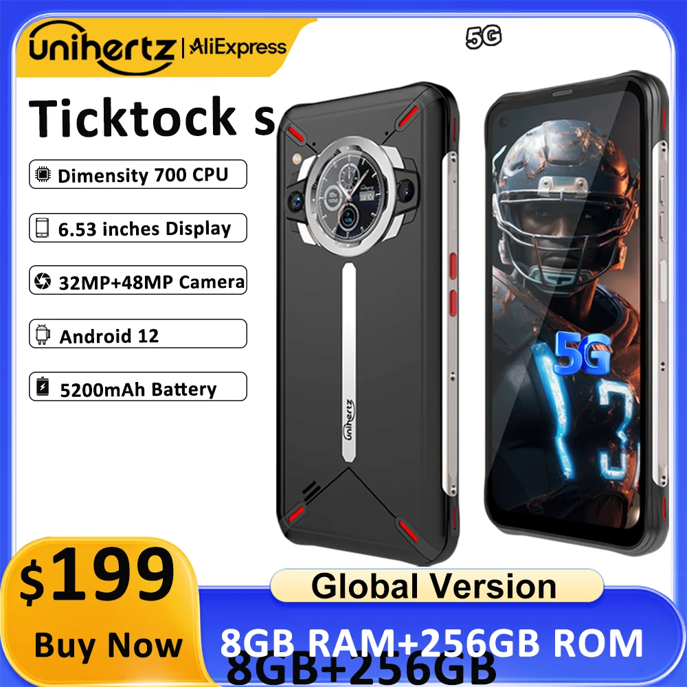 Unihertz Ticktock-S Slim Rugged 5G Smartphone 8GB 256GB Cell Phone 5200mAh Dual Screen Mobile Phone 64MP Camera Dimensity 700