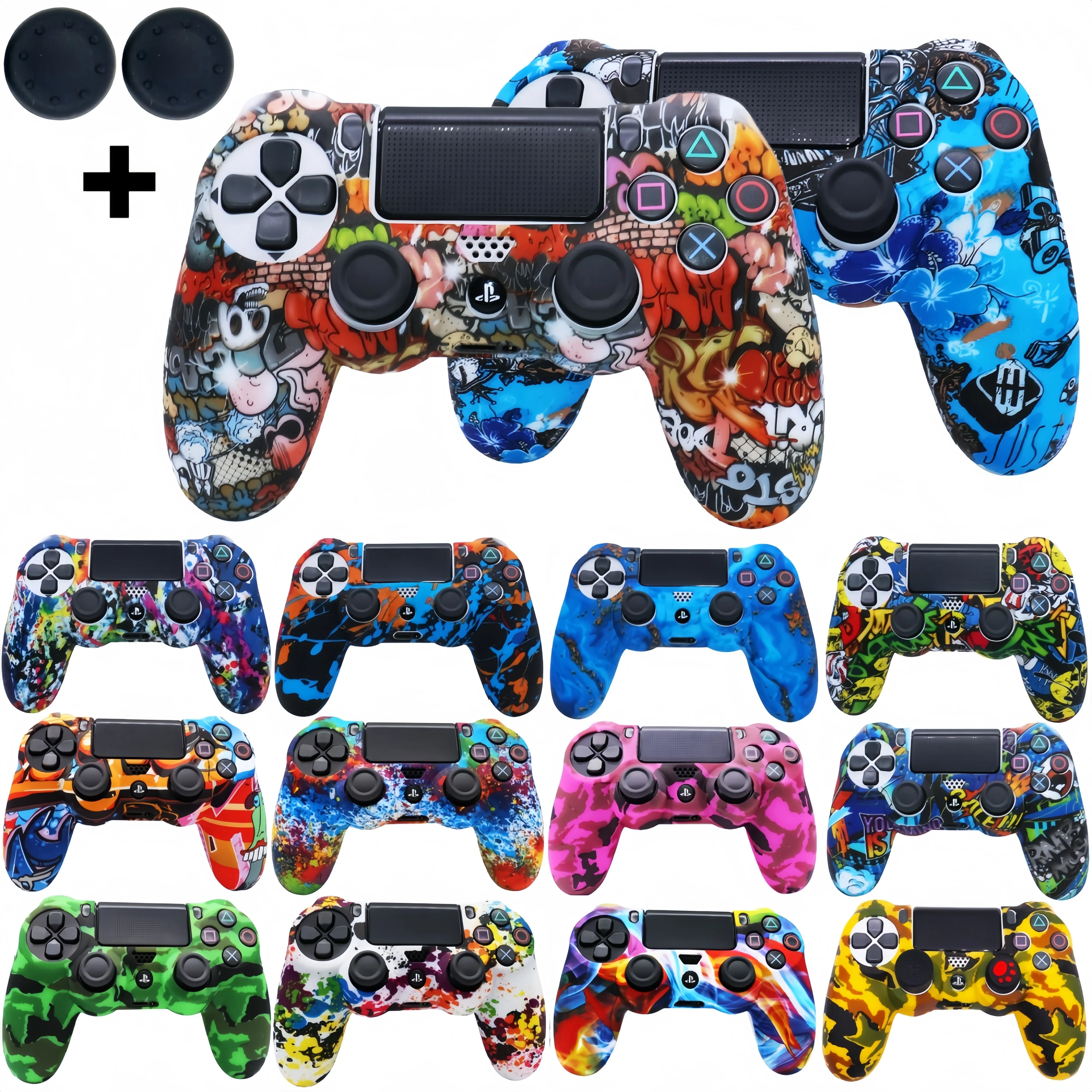 Soft Silicone Shell Protective Cover Case For Playstation 4 PS4 Gamepad Controller Joystick Accessories With Thumb Grip Caps