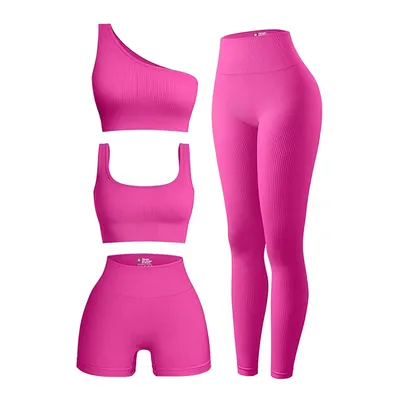 4 Piece Workout Sets For Women Ribbed Leggings Clothes Yoga Sets Active Wear Matching Work Out Sets