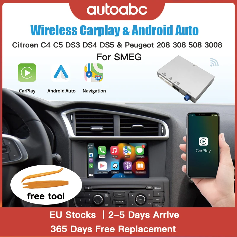 AUTOABC Kabelloses Carplay und Android Auto-Modul für Peugeot 208 308 508 3008 C4 DS3 DS4 DS5 SMEG-System Airplay Mirror Link Multimedia-Unterstützung OEM-Kameras und Aftermarket-Kameras Image