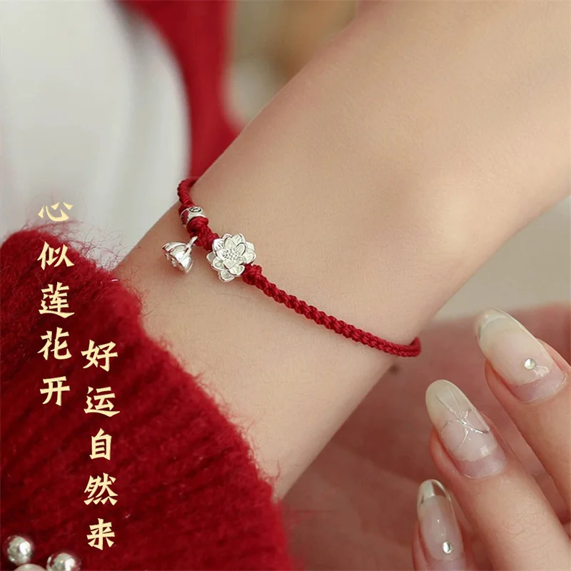 Hand Geflochtene Silber Farbe Lotus Anhänger DIY Charme Armbänder Armreifen Für Frauen Größe Einstellen Rotes Seil Glück Armband Drop verschiffen Image