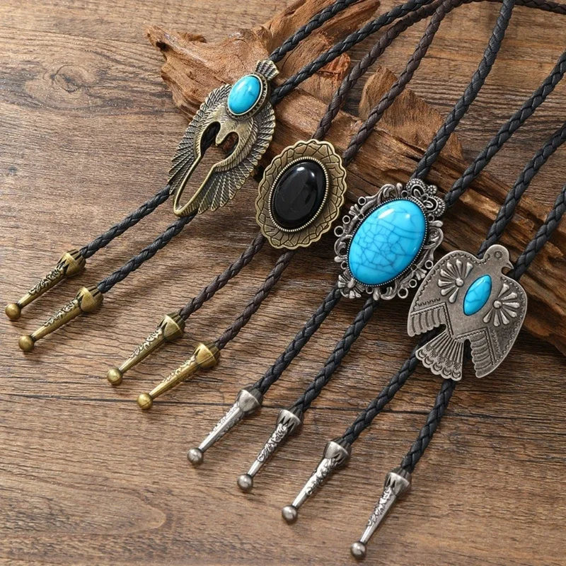 Amerikanische Bolo-Krawatte, Punk-Krawatte, Vintage-Stil, Metall, Adler, Vogel, Stein, Cowboyhut, Anhänger, Western-Halskette, Image