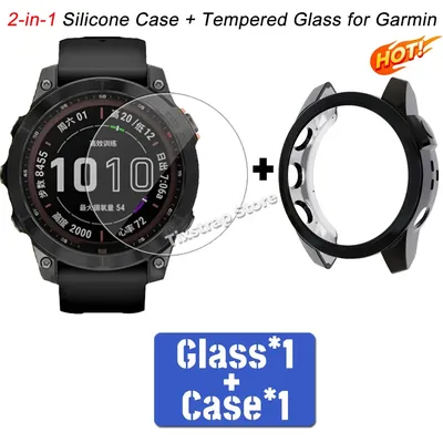 2-in-1-Silikonhülle + gehärtetes Glas für Garmin Fenix 7 7S 7X 6 6S 6X Pro 5 5S Smart Watch Image