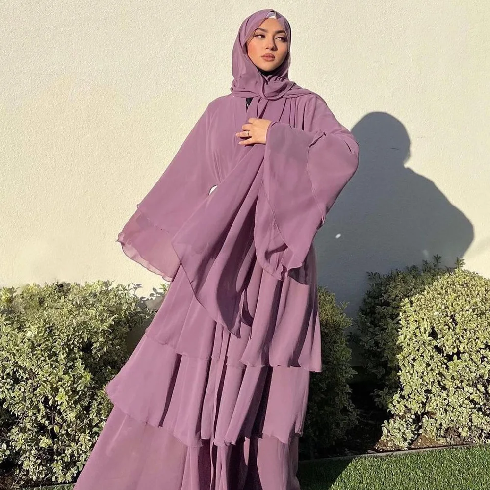 Mode frauen Tragen Dubai Arabisch Strickjacke Robe Kaftan Chiffon Flowy Kleid Abaya Einfarbig Rüschen Neue Image