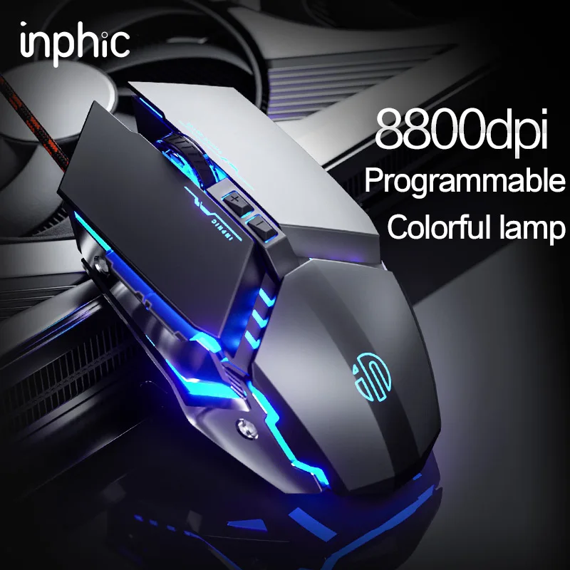 INPHIC W2 Gaming-Maus, leiser Klick, USB, optisch, kabelgebunden, 4800 DPI, ergonomische Mäuse, 6 programmierbare Tasten, RGB-Atem-LED-PC Image