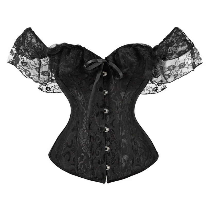 Frauen Sexy Korsett Top Plus Größe Vintage Blumen Lace Up Trim Mit Ärmeln Schulter Bustier Satin Overbust Burlesque Kostüme