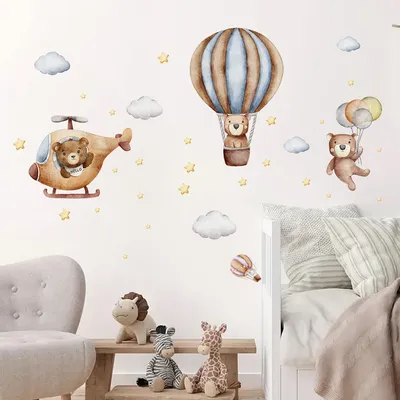 Cartoon Niedliche Flugzeug Ballon Bär Wandaufkleber Kinderzimmer Wandtattoos Dekoration für Image