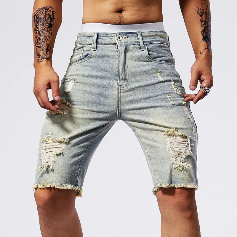 Vintage Denim Shorts Herren American Stretch Slim Jeans Mode Zerrissene Streetwear Männliche Loch Ausgefranste Kurze Hosen Blau Schwarz