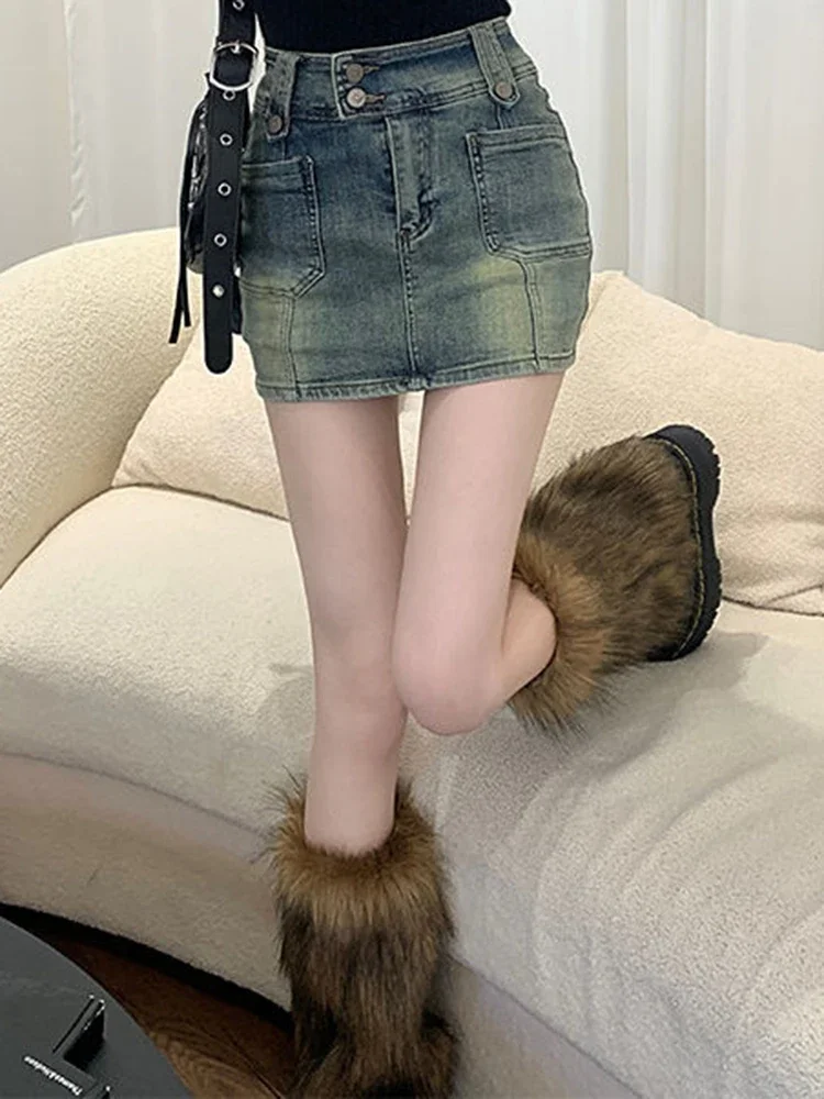 Weibliche Koreanische Retro Hohe Taille Baggy Kurze Röcke Mädchen Mode Elastische EINE Linie Denim Kleid Frau Große Größe Gelb Mini Rockse