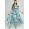 Plus Size Kleid Sommer Blumen druck Chiffon langes Kleid Frauen blau Kurzarm großen Saum A-Linie Maxi kleid elegantes Sommerkleid