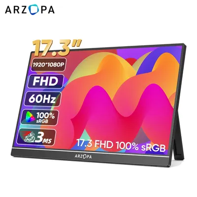 ARZOPA 17,3 FHD Tragbarer Monitor 1080P Externes Display IPS-Bildschirm mit USB C Mini-HDMI-Anschluss für Laptop Mac PC Xbox PS Switch