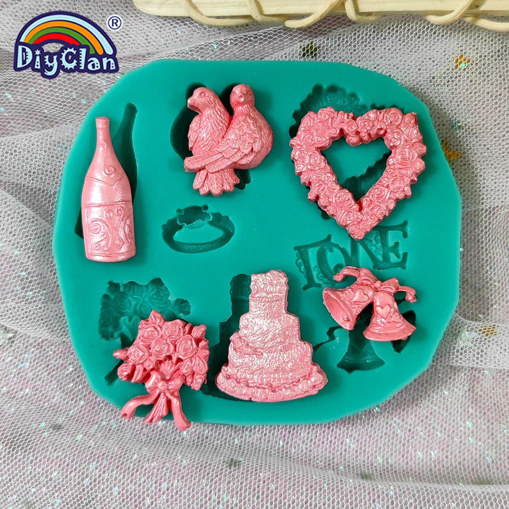 Liebes-Hochzeits-Rotwein-Ring-Glocken-Girlanden-Silikonform Valentinstag Fondant Kuchen Dekorieren Schokoladen-Ton-Harz-Epoxid-Form Image