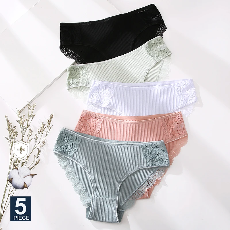 Finetoo 5 teile/satz Frauen Baumwolle Unterwäsche Höschen Blumen Spitze weich intimates Unterhose für Frau sexy Damen M-XXL Dessous Höschen Image
