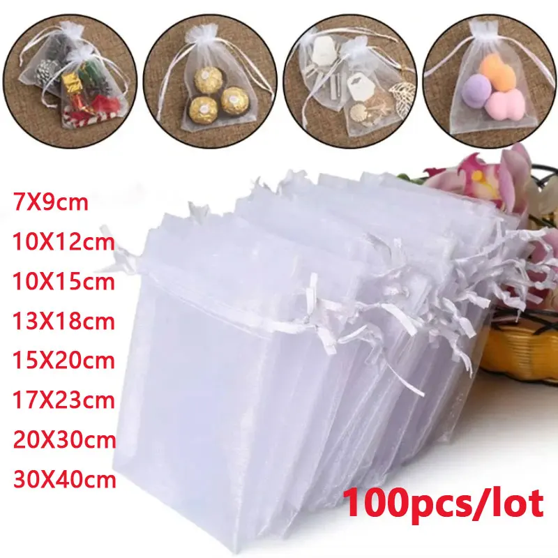 100 Teile/los 7x9 9x12 10x15 13x18CM Organza Beutel Schmuck Tasche hochzeit Party Dekoration Drawable Taschen Geschenk Beutel Schmuck Verpackung Image