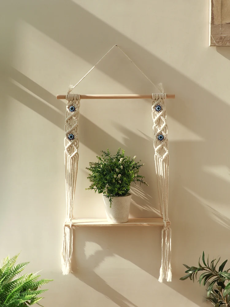 Evil Eye Makramee Schwimmendes Wandregal mit Stäbchen Heimdekoration Boho Pflanze Blumentopf Tablett Nordic Room Swing Display Regal Geschenk Image