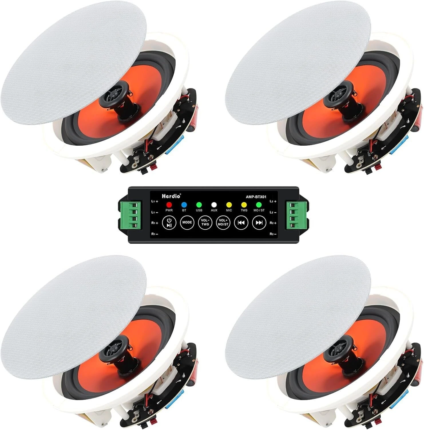 Herdio 4PCS 6,5" 4PCS Bluetooth-In-Deckenlautsprecher 600W 2-Wege-Unterputzlautsprechersystem mit Wandverstärker-Empfänger für Zuhause Image