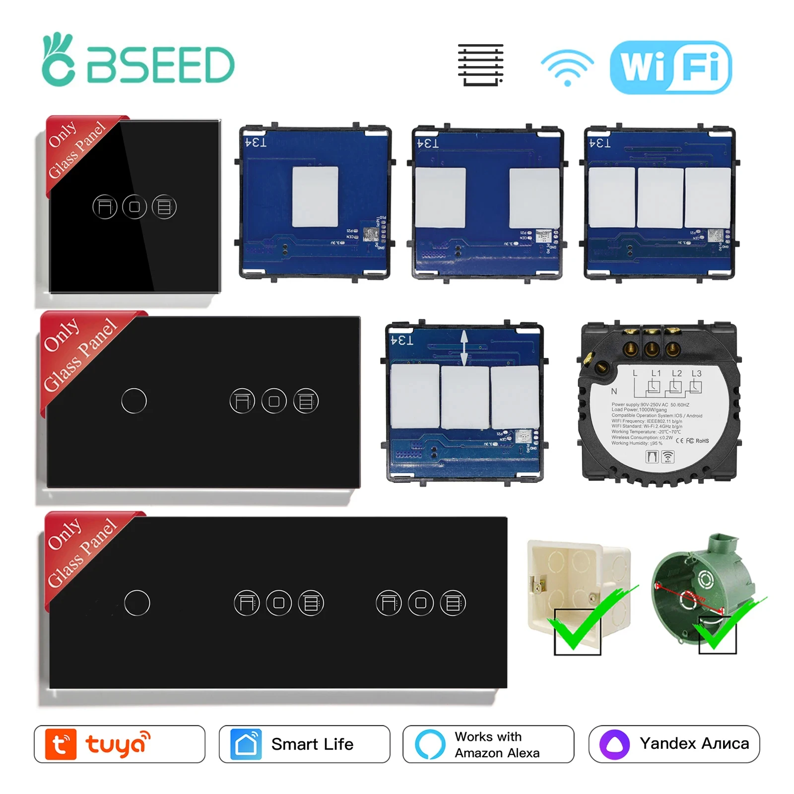 BSEED Wifi Rollladen Schalter Tuya Smart Leben Licht Touch Schalter Funktion Teile Kristall Glas Panels DIY Kostenlose Kombinieren Image