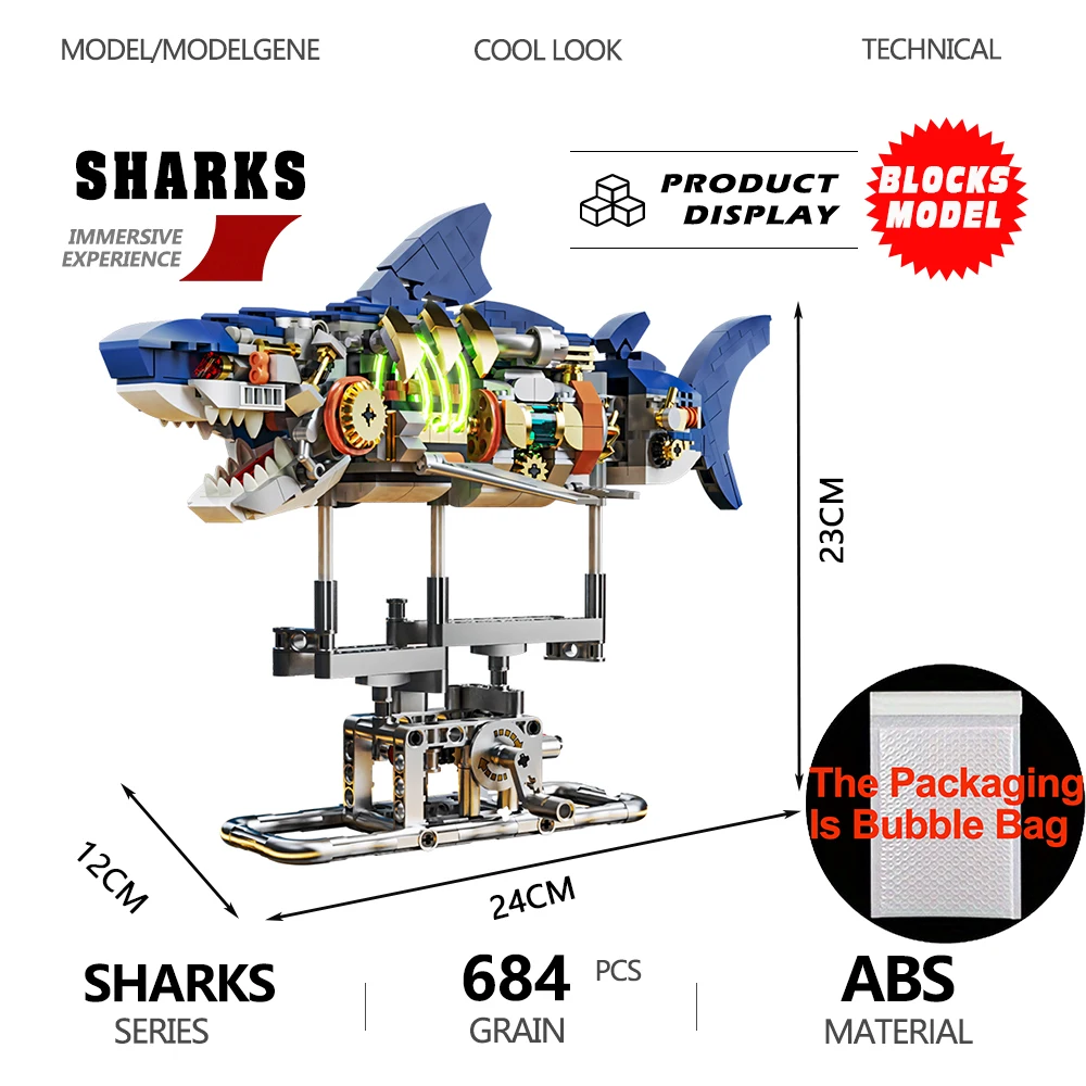 Mechanisches Hai-Bauset, Haie, Meeresleben, Bausteine, Modell mit Ausstellungsstand und Lichtern, Ziegel, Geschenk für Kinder und Erwachsene Image