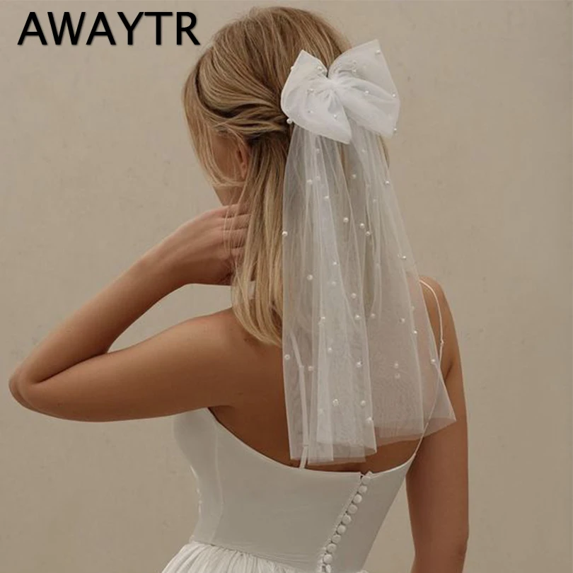 AWAYTR Frauen Lange Band Mesh Bogen Haar Clips Elegante Perlen Haarnadel Weiß Mesh Haarnadeln Hochzeit Party Braut Haar Zubehör Image