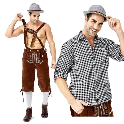 HEIßER Männer Karneval Oktoberfest Kostüm Plaid Hemd Lederhosen Outfit Cosplay Halloween Parade Bühne Zeigen Phantasie Party Kleid Image