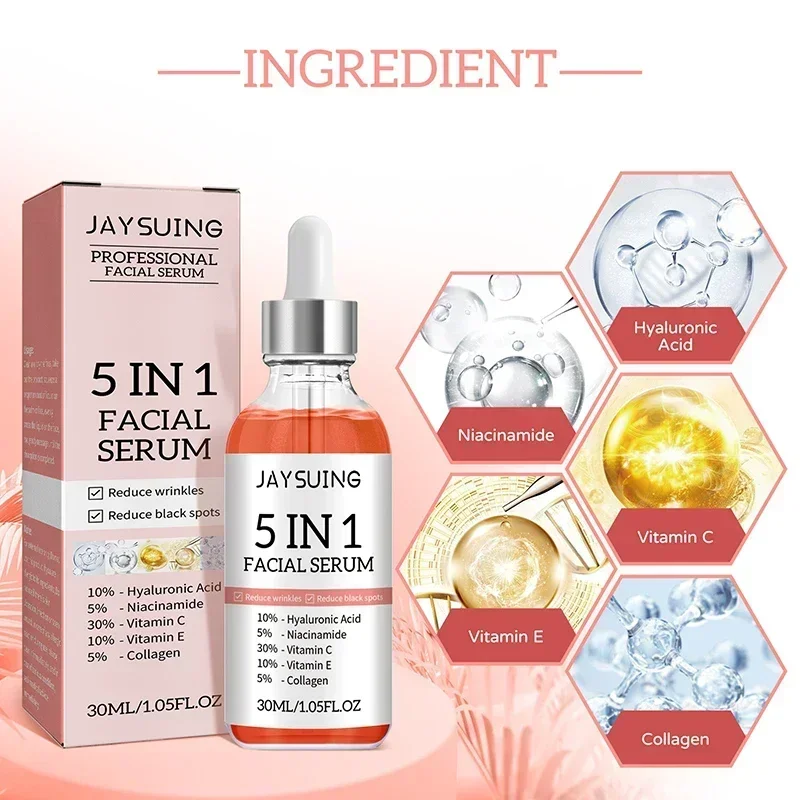 5 In1 Hyaluronsäure-Gesichtsserum, feuchtigkeitsspendend, aufhellend, aufhellend, feine Linien, Vitamin C, porenschrumpfendes Serum, Hautpflege, 30 ml Image