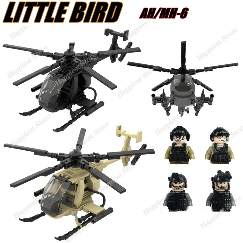 MOC Militärische Moderne Hc Flugzeug Bausteine AH-6 Kleine Brid Bemannte und Feuerkraft Special Force Polizei Figuren Waffen Spielzeug Image