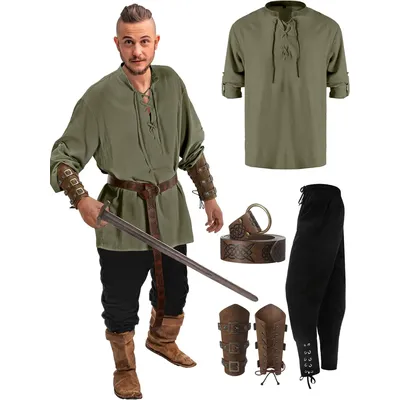 4-teiliges Halloween-Renaissance-Kostüm-Set für Herren, mittelalterliches Piratenhemd, Knöchelband, Image