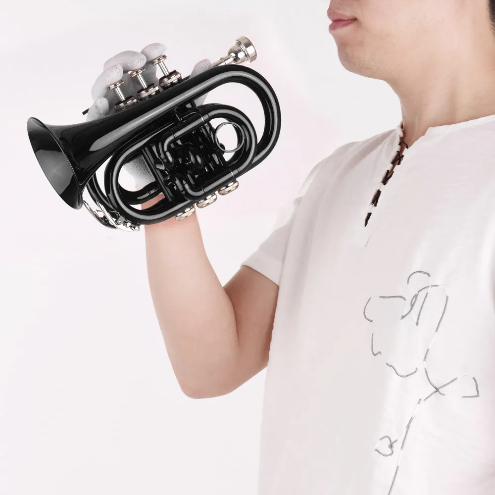 Mini-Taschentrompete, Bb, flaches Blasinstrument aus Messingmaterial, mit Mundstück, Handschuhen, Reinigungstuch, Tragetasche Image