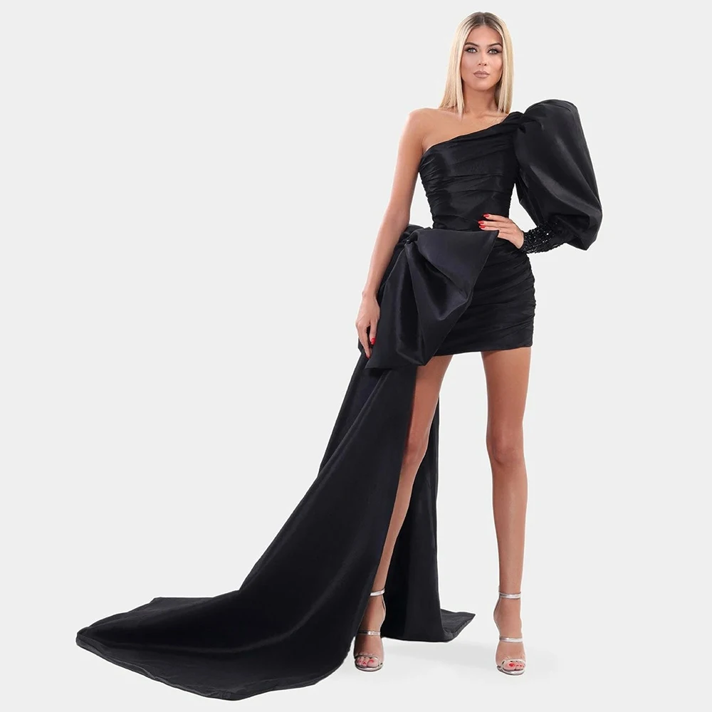 Mini Cocktail Kleider für Frauen mit Zug Großen Bogen Schwarz Satin Abendkleid Puff Hülse Eine Schulter Kristall Sexy Party kleid