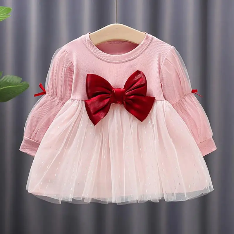 2024 mädchen Kleid Frühling Herbst Neue Kleine Medium Kinder Mädchen Baby Lange-Sleeve Süße Nähte Mesh Prinzessin Kleid Tutu kleid Image