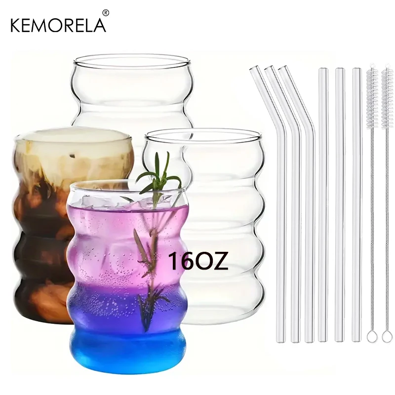 4PCS Set 350ML/470ML Trinkgläser Mit Glas Stroh 16Oz Geformte Glas Tassen Bier Gläser eis Kaffee Tumbler Tasse Image
